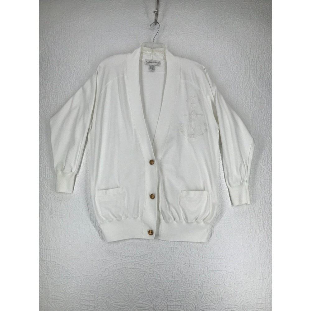 Vintage Casual Corner Cardigan Sweat Shirt Size L Cotton Blend White Embroidered